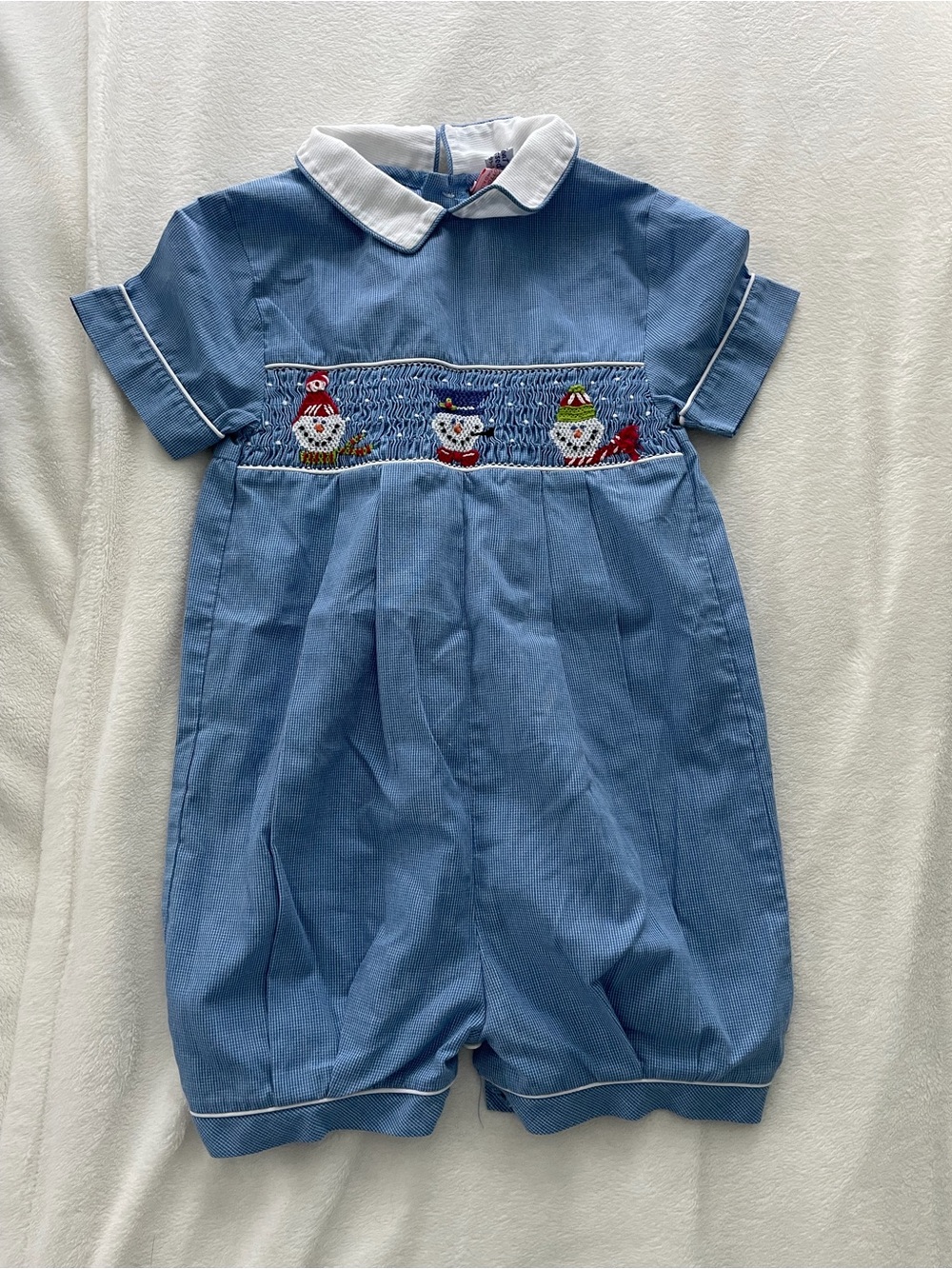 Orient Expressed Brand Light Blue Smocked Snowman Romper 18m